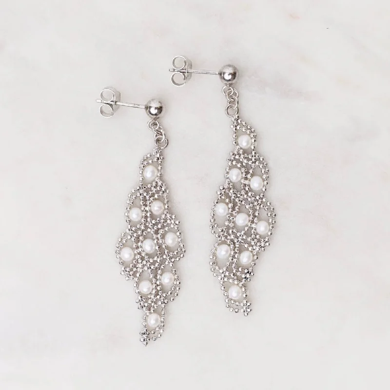 Sterling Silver Woven Diamond with Pearls Drop Earrings