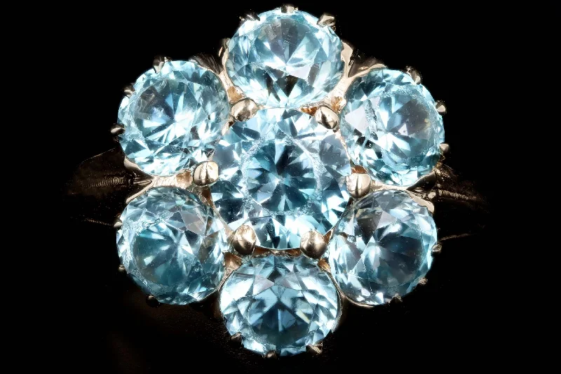 Victorian Inspired 14K Yellow Gold 5.92 Carat Total Weight Blue Zircon Cluster Ring