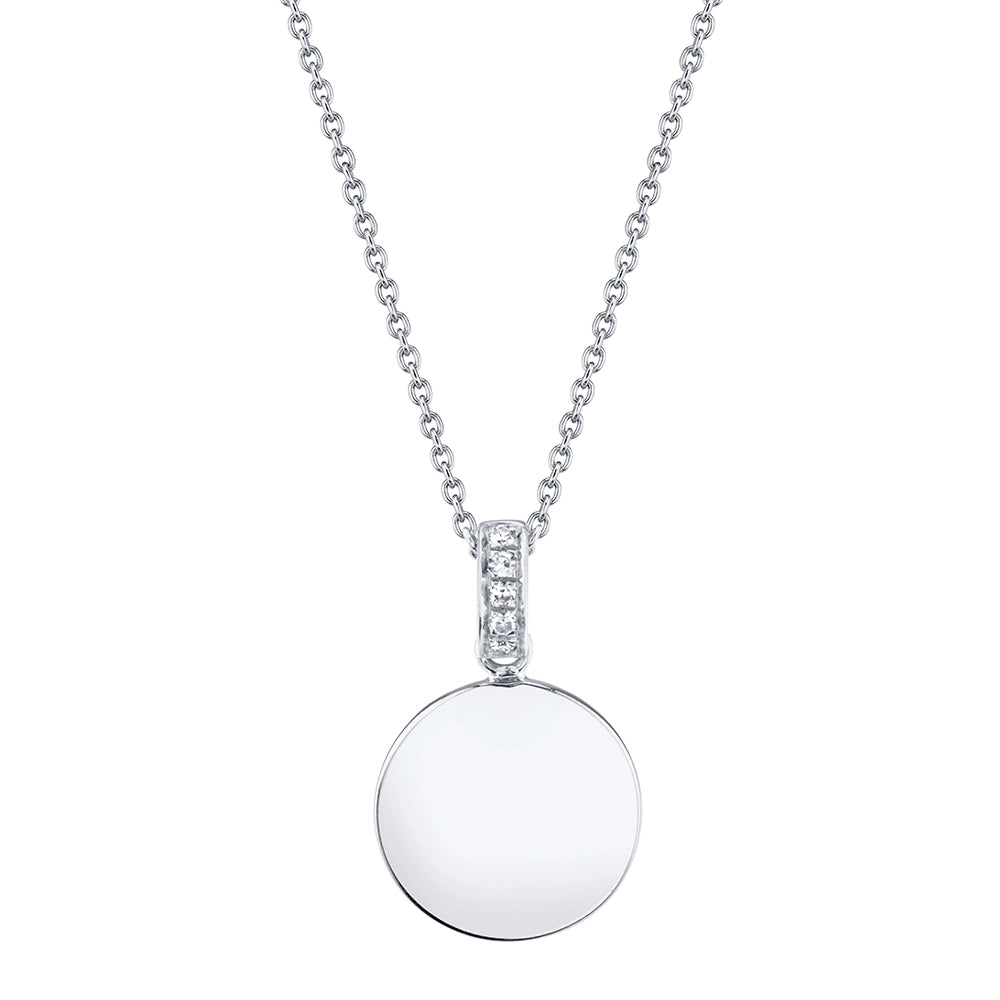 14K White Gold Disc Pendant with Diamond Bail Necklace