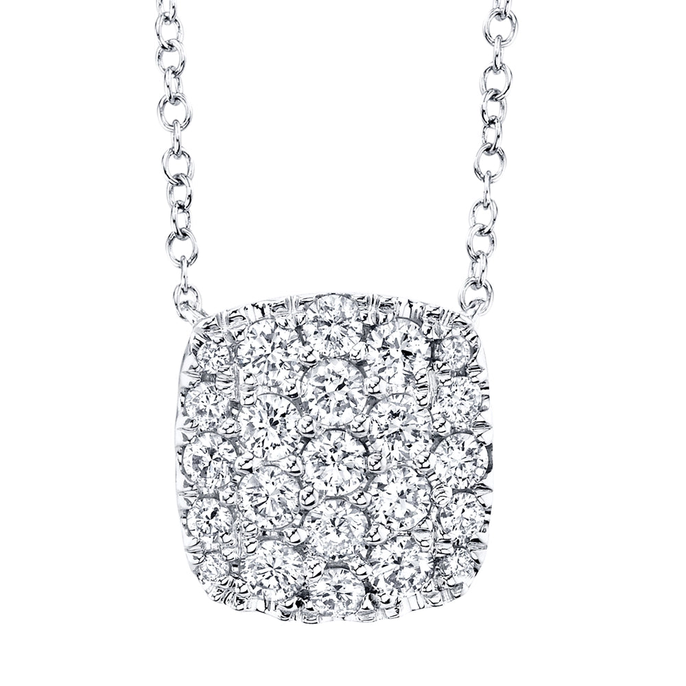 14K White Gold Pave Diamond Cushion Shaped Pendant Necklace