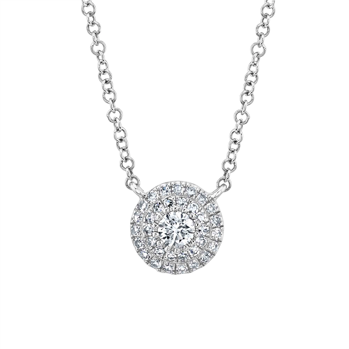 14K White Gold Round Cluster Diamond Pendant Necklace