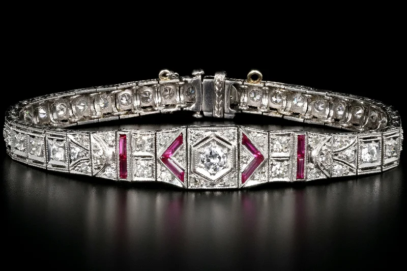 Art Deco Platinum 3 Carat Old European Cut Diamond and Ruby Bracelet