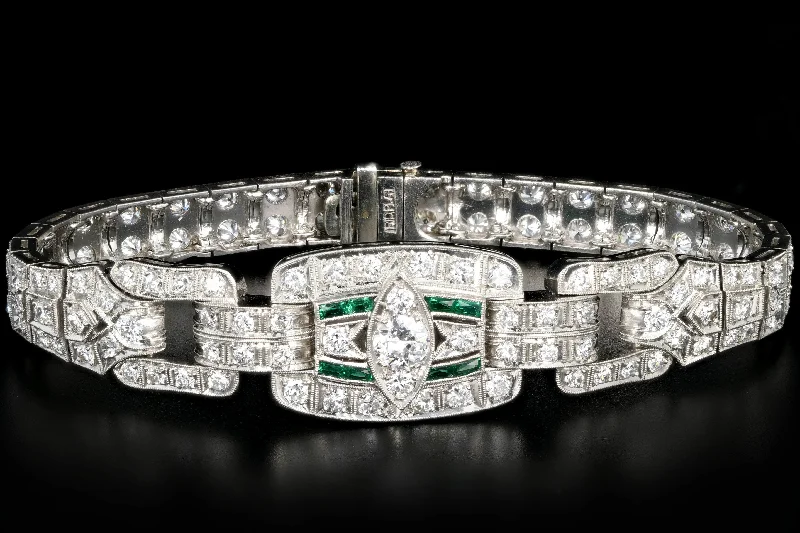 Art Deco Platinum 5 Carat Old European Cut Diamond & Emerald Bracelet