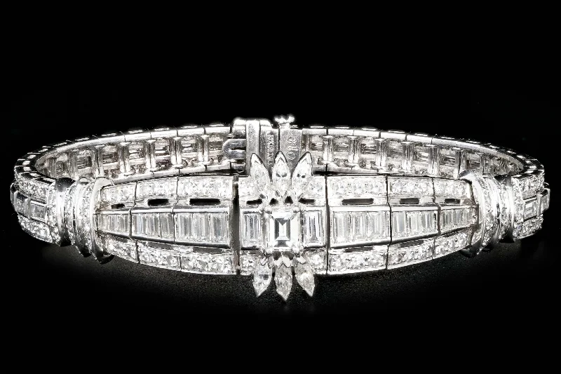 Art Deco Platinum 6 Carat Emerald, Marquise, Straight Baguette, and Single Cut Diamond Bracelet