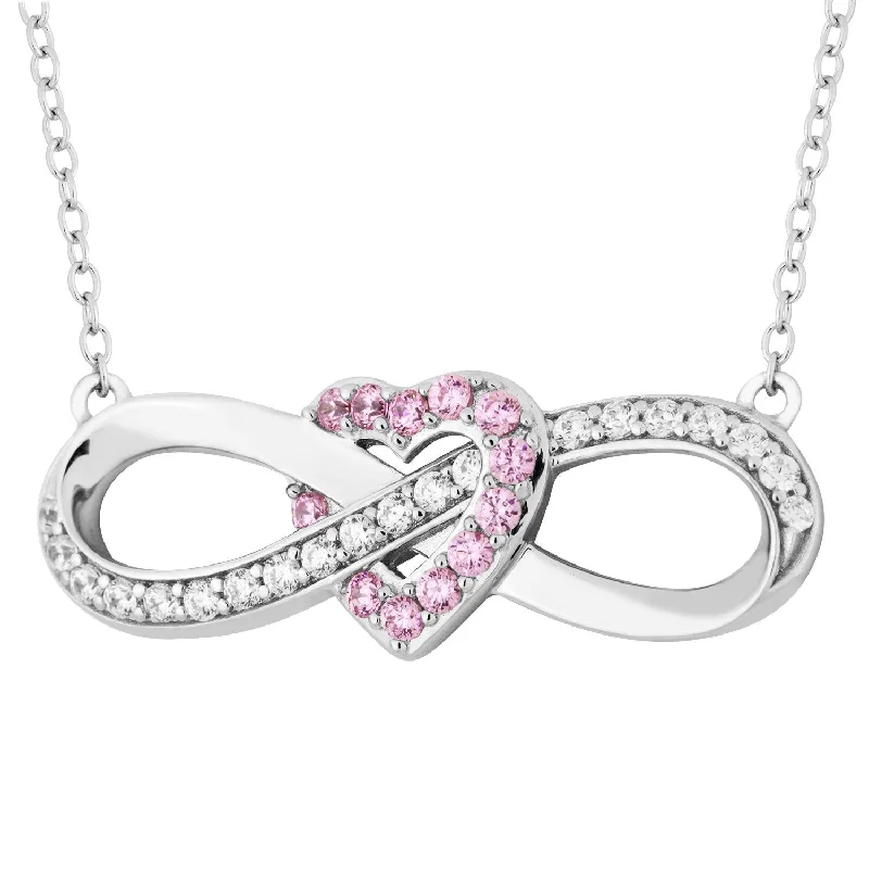 Pink and White CZ Infinity Heart Pendant Necklace, Rhodium Plated Sterling Silver, 18"